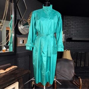 PINNACLE Teal Belted Trench Coat VINTAGE SZ 16 button closure with pockets
